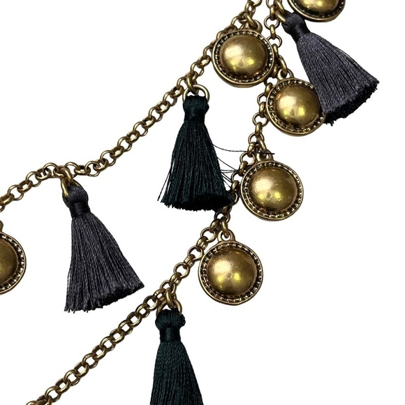 J Crew Statement Necklace Green Blue Tassels Gold Tone - Picture 6 of 6